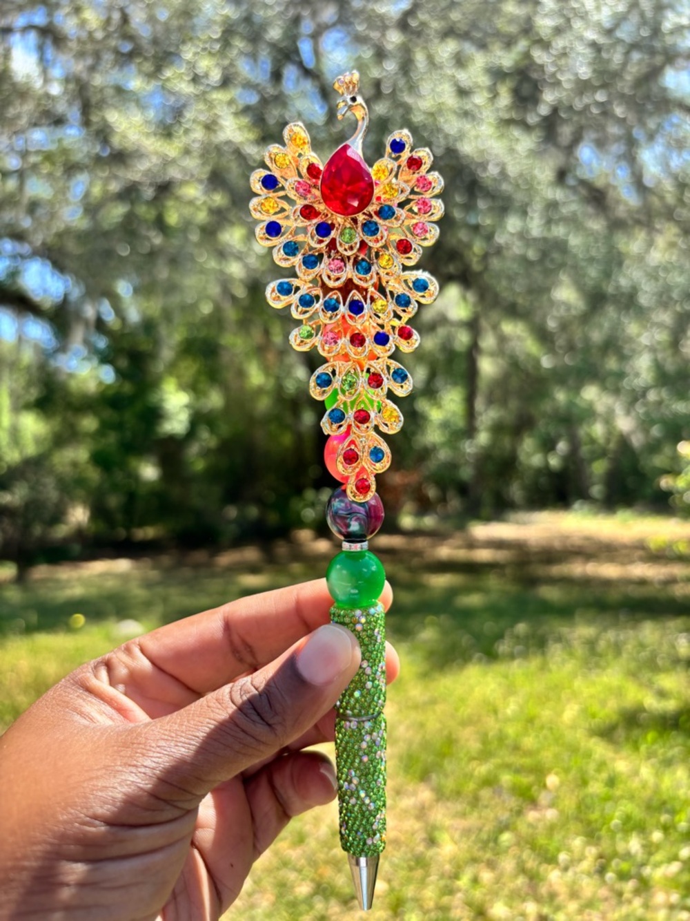 Handcrafted Gold Jeweled Rhinestone Peacock Crystal Pen - Multicolor Gem Accent - Picture 3 of 7